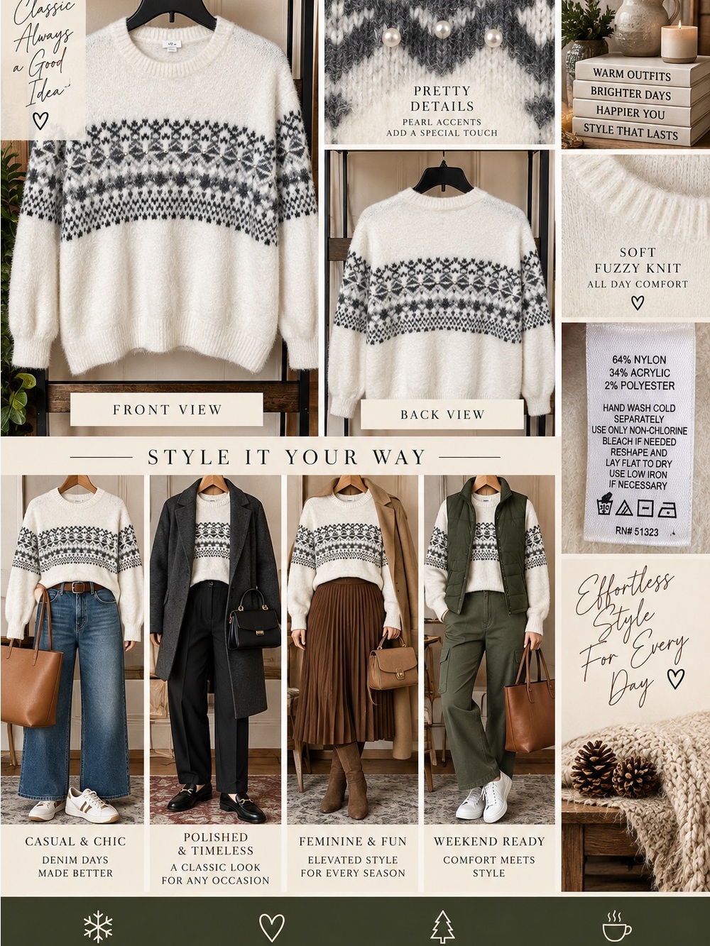 Ivory Fair Isle Pearl Accent Crewneck Sweater